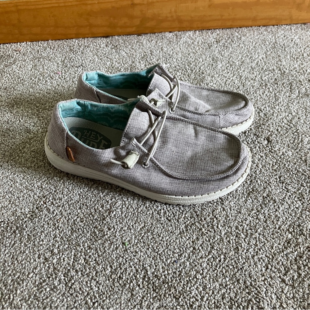 Hey Dude Wally Linen Casual Slip-On Shoes - Light Gray with Aqua Liner